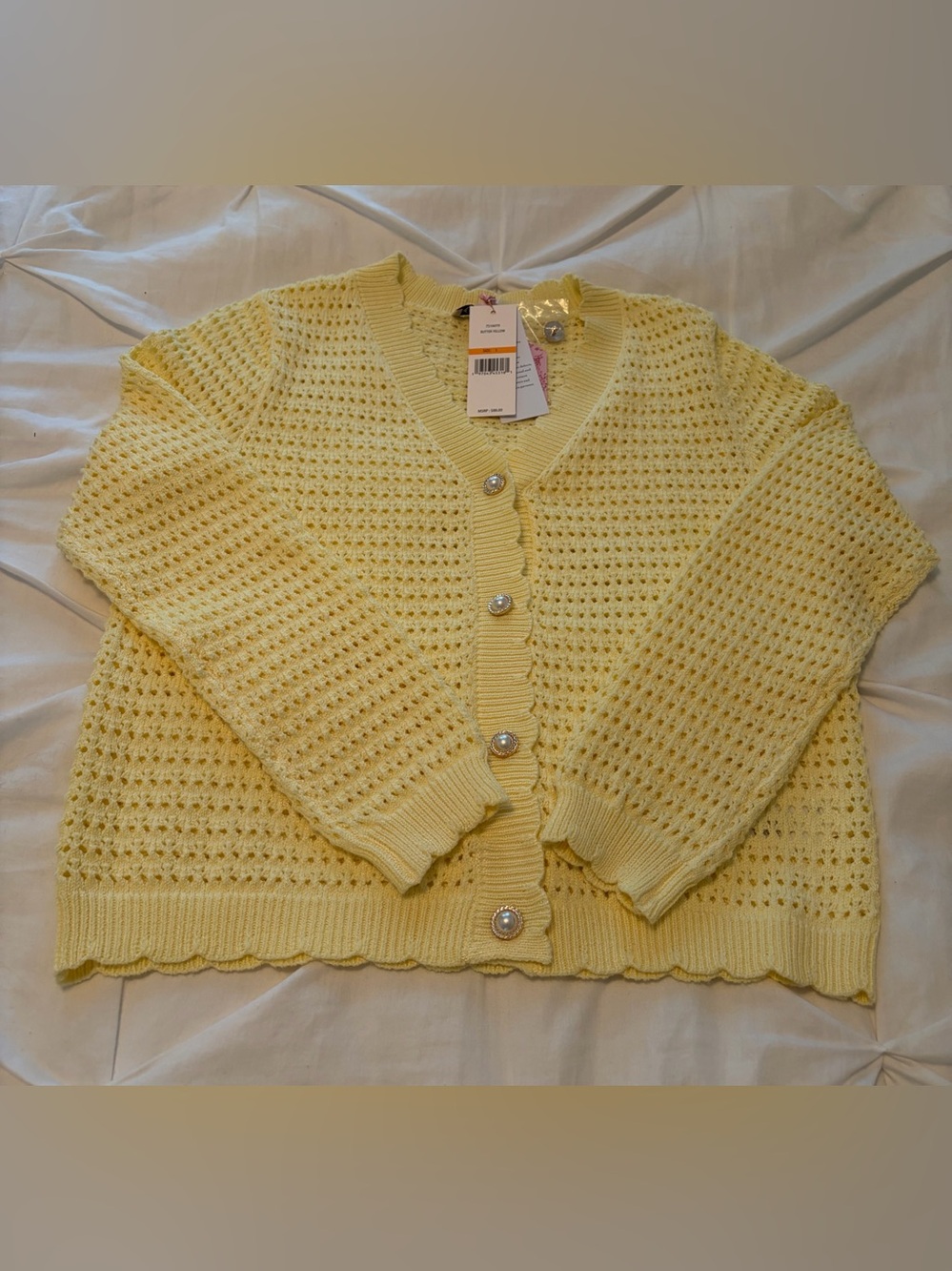Nanette Lepore Butter Yellow Openwork V-Neck Sweater